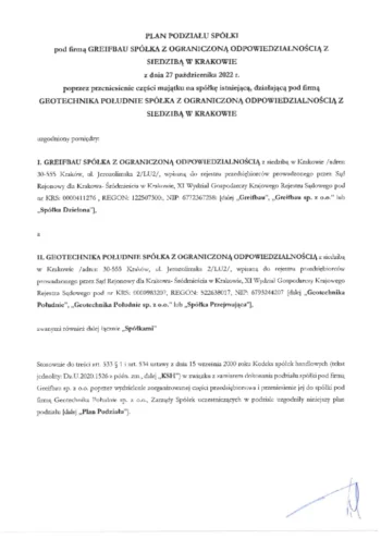 Ogłoszenie o planie podziału spółek